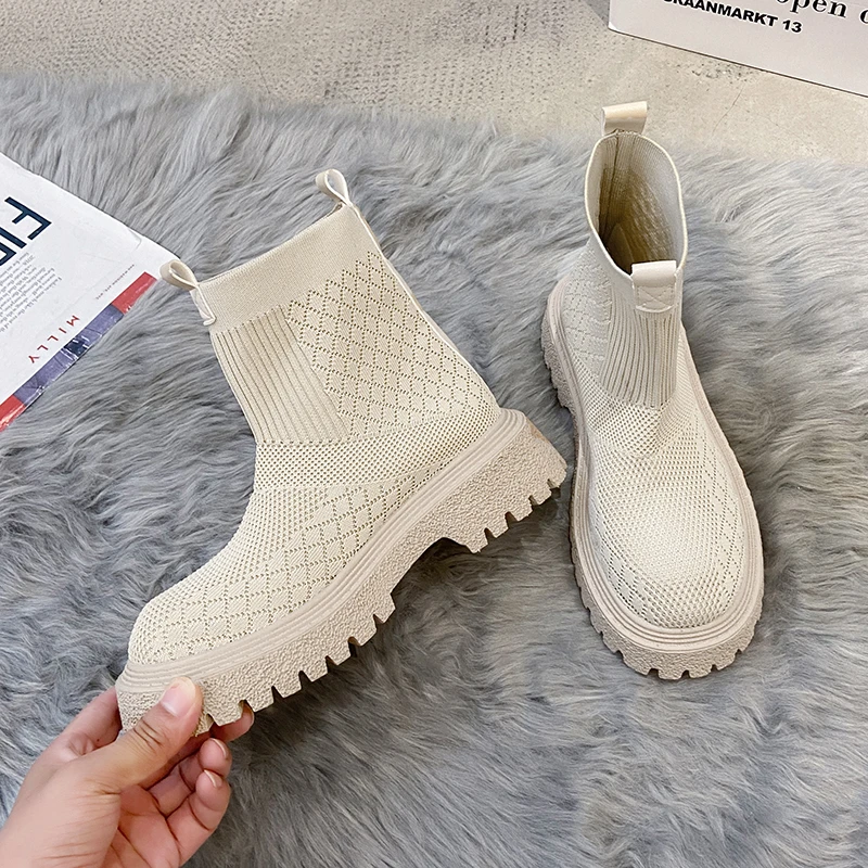 

Knitted Booties Thick Bottom Breathable Elastic Women Boots Casual Mesh Solid Color Sock Boots Round Shape Mid Heel Fashion New
