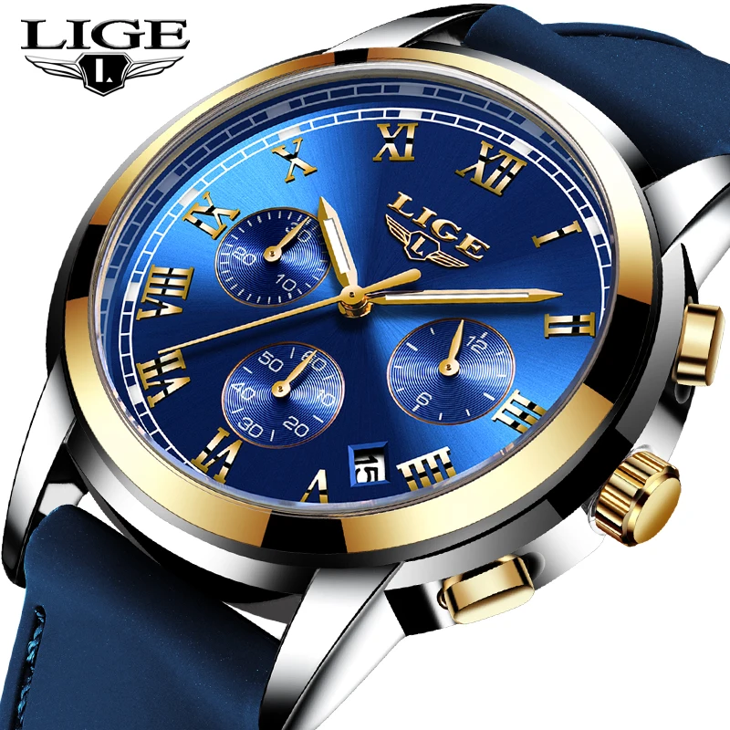 Часы наручные LIGE мужские с силиконовым ремешком брендовые Роскошные Кварцевые