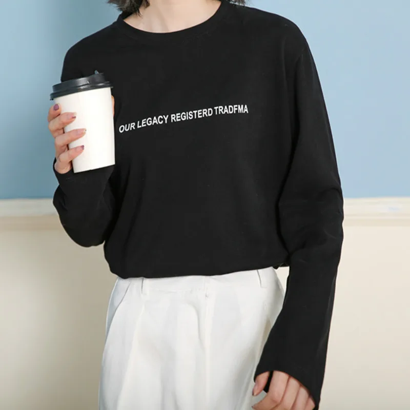 

T-shirts Women Long Sleeve Letter Korean Style High Quality Female All-match O-Neck Long Sleeve Womens Soft Harajuku Students