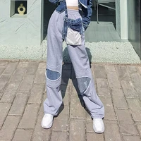 wide leg denim pants for women high waist patchwork pocket casual hit color jeans female fashion new clothing