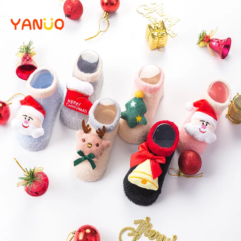 

Детские рождественские носки, силиконовые Нескользящие носки с Санта-Клаусом, оленем, куклой, детские носки для малышей 0-36 месяцев, подарки ...