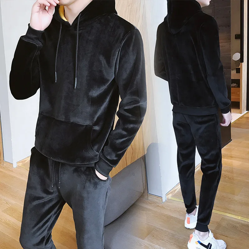

Men's Tracksuit Men 2 Piece Set men 2020 Winter Solid Sportswear Hooded Fleece Warm Sweatshirt Sweatpants Wool Tracksuit Men