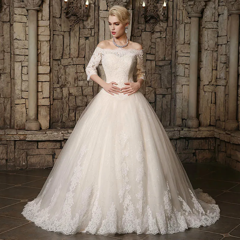 

Modest A Line Wedding Dresses Sheer Bateau Appliques Back Lace Up Country Style Chic Bridal Gown Custom Made Hot
