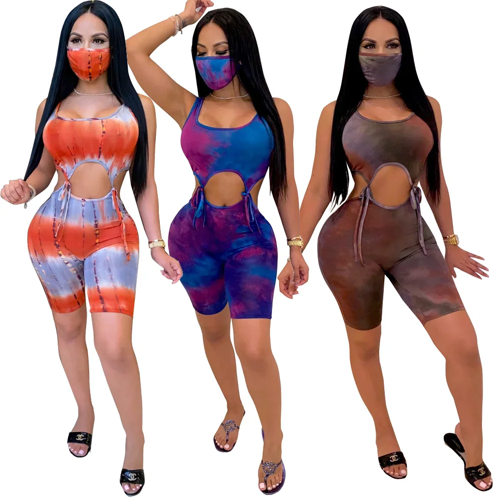 

2020 Summer Women Suit Hot Style Tie-dye Print Tie Sleeveless Tank Tops & Biker Shorts Hollow Out Backless Two Piece Set