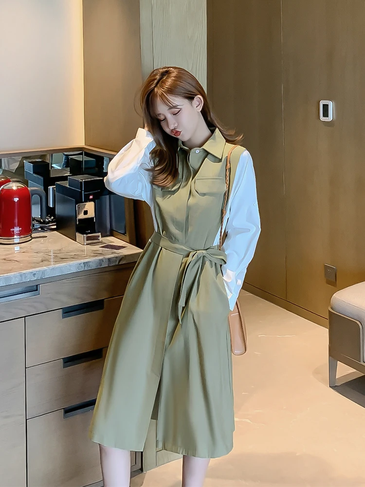 Осень 2019 г. новая модная рубашка с длинными рукавами и отстрочкой на талии dress-0wp78