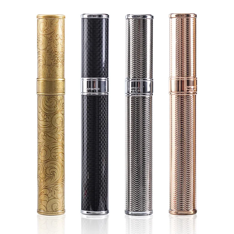

New 1pcs Black carbon fibre Cigar Moisturizing Tube Case Vintage Copper Flower Carving Bronze Cigar Accessories JF-020