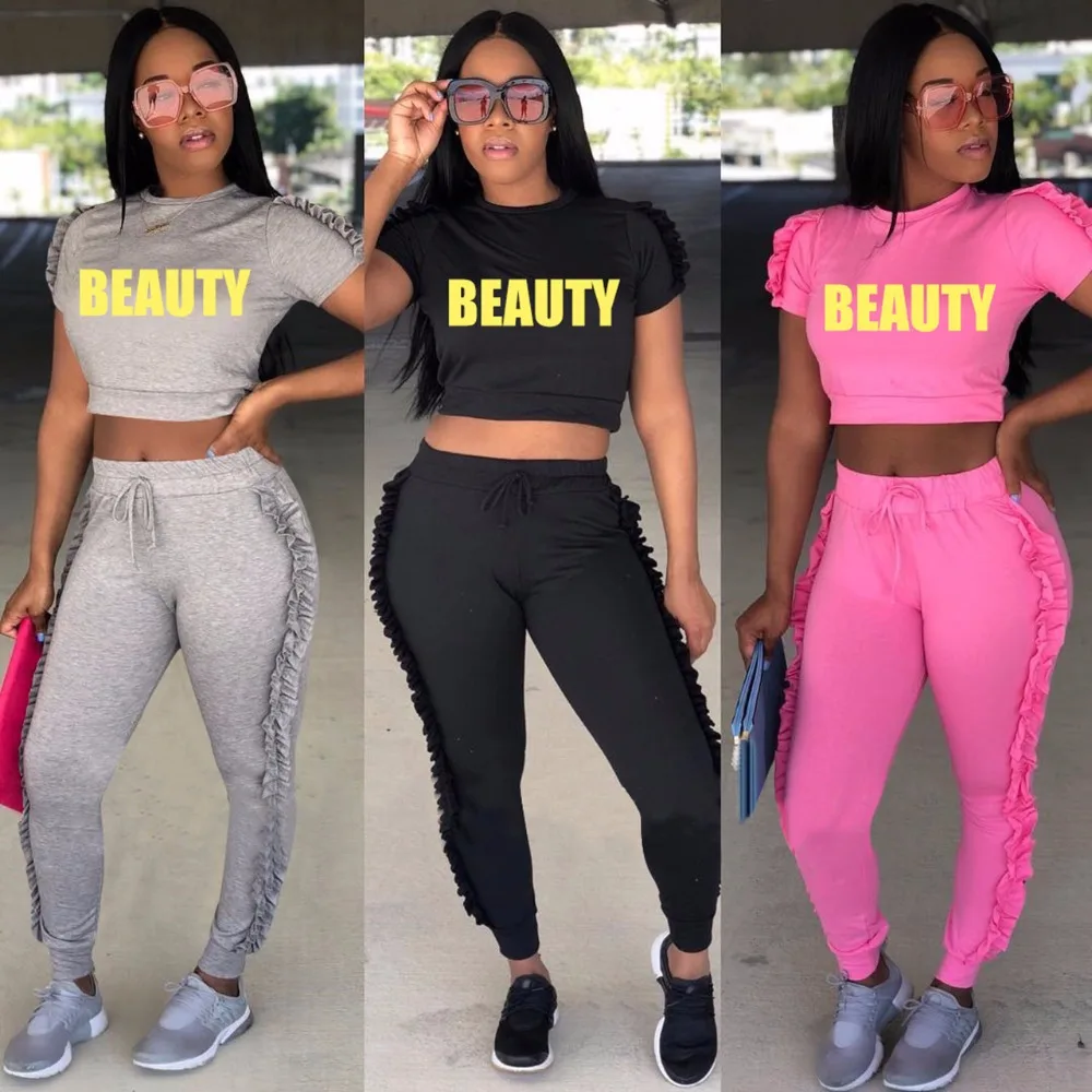 

Summer Women Tracksuits Two Piece Set Fashion Casual Side Ruffle Crop Top and Long Pants Ladies Sweat Suits Jogger Leisure Q058