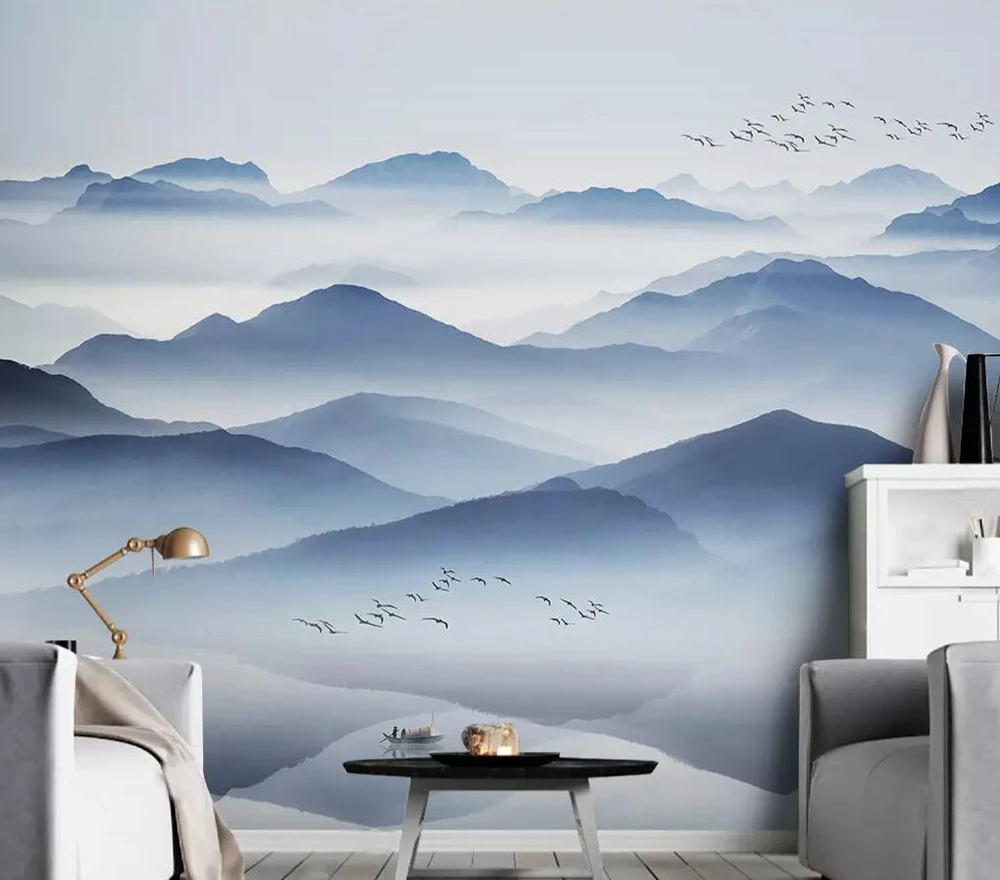 

Milofi custom wallpaper mural abstract artistic conception blue ink landscape reflection background wall decoration wallpaper