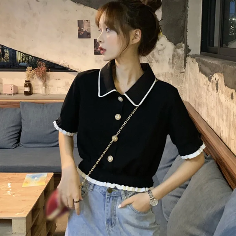 

Jlong Summer T-shirt Cardigan Ladies Stitching Lapel T-shirts Casual Single-breasted Cardigan Knitted Tops