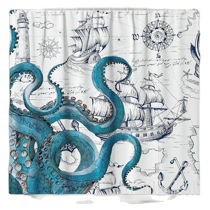 

Pirate Ship Shower Curtain Octopus Ocean Kraken Attack Tentacles Sailboat Wave Mountain Moon Starry Sky Waterproof With Hooks