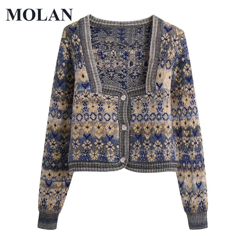 

MOLAN Retro Knitted Cardigan Women Vintage Fashion Jacquard Long Sleeve Button-up Casual Sweater Female Chic Tops Outerwear