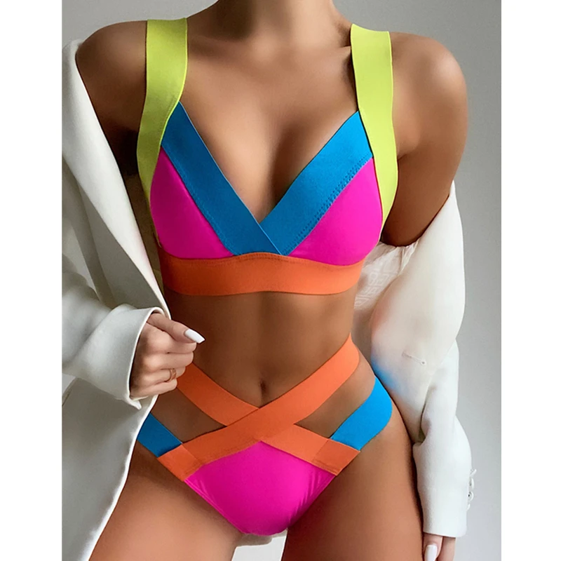 

Women Padded Bandage Swimsuits Bikini Set Contrast Color Patchwork Push-up Bra and Panties Cut Out High Waist Beach Bathing Suit