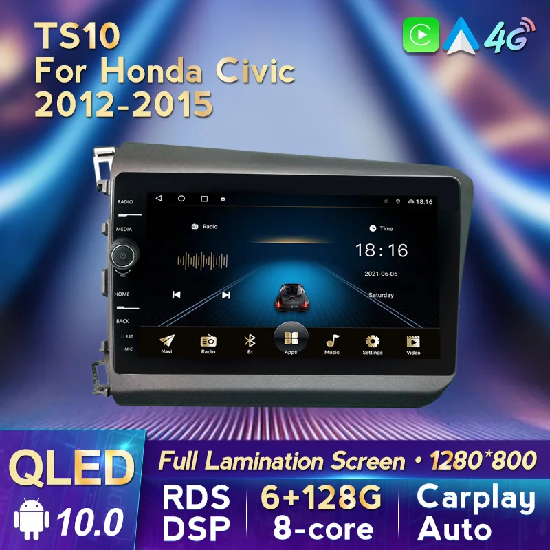 

Car Radio Stereo For Honda Civic 2012-2015 9inch QLED Screen Android10 GPS Navigation WIth CARPLAY+AUTO RDS DSP WIFI 4G 8-CORE
