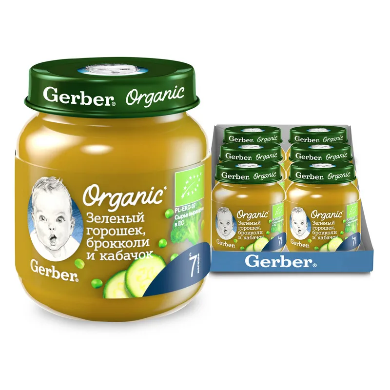 Gerber Organic овощное органическое пюре Зеленый горошек брокколи и кабачок 125г | Мать