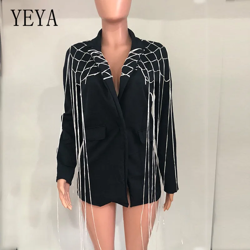 YEYA, Модный женский повседневный костюм, деловой блейзер с длинным рукавом, куртка с кисточками, верхняя одежда, женский черный блейзер, пальто с бахромой, блейзер