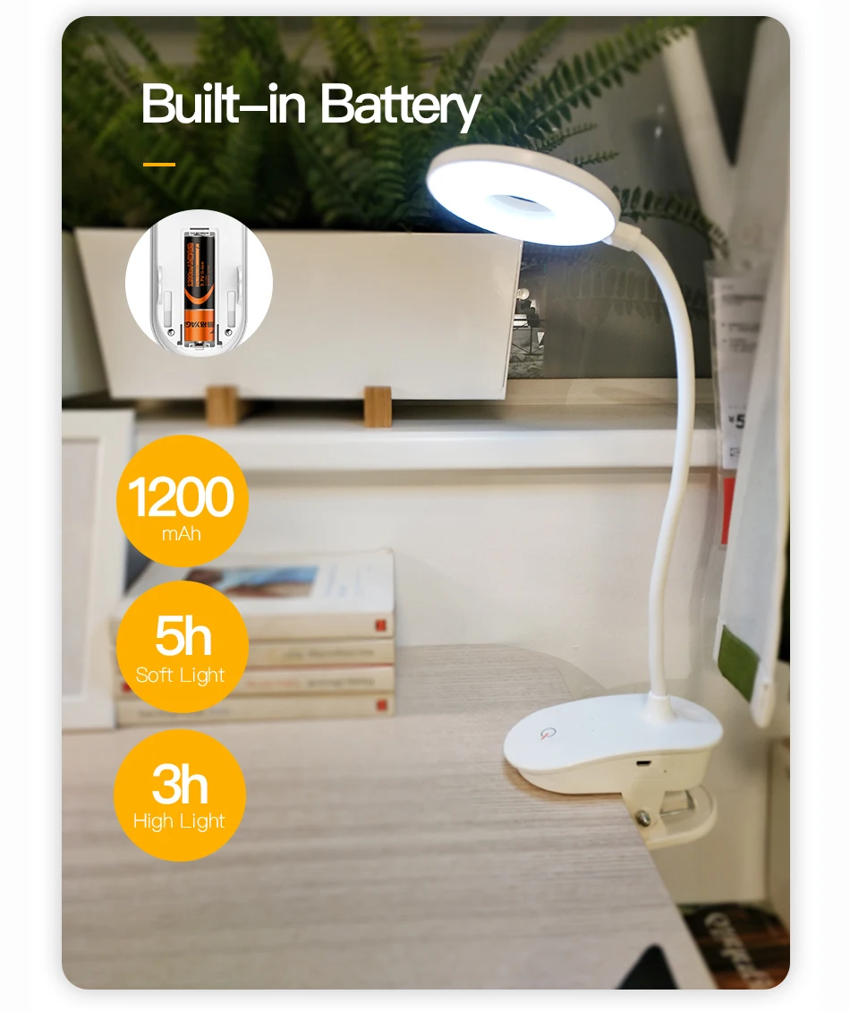 Настольная лампа Flexo с клипсой USB кабелем и аккумулятором 18650|Настольные лампы| |