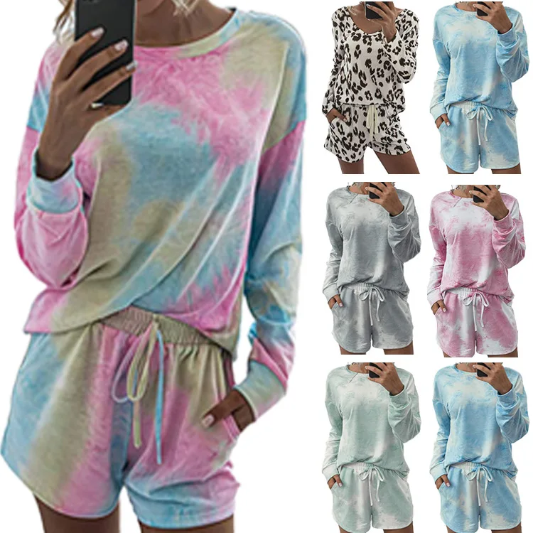 

2021 Homewear Long Sleeve Printed Round Neck T-shirt + Shorts/Pants Women's