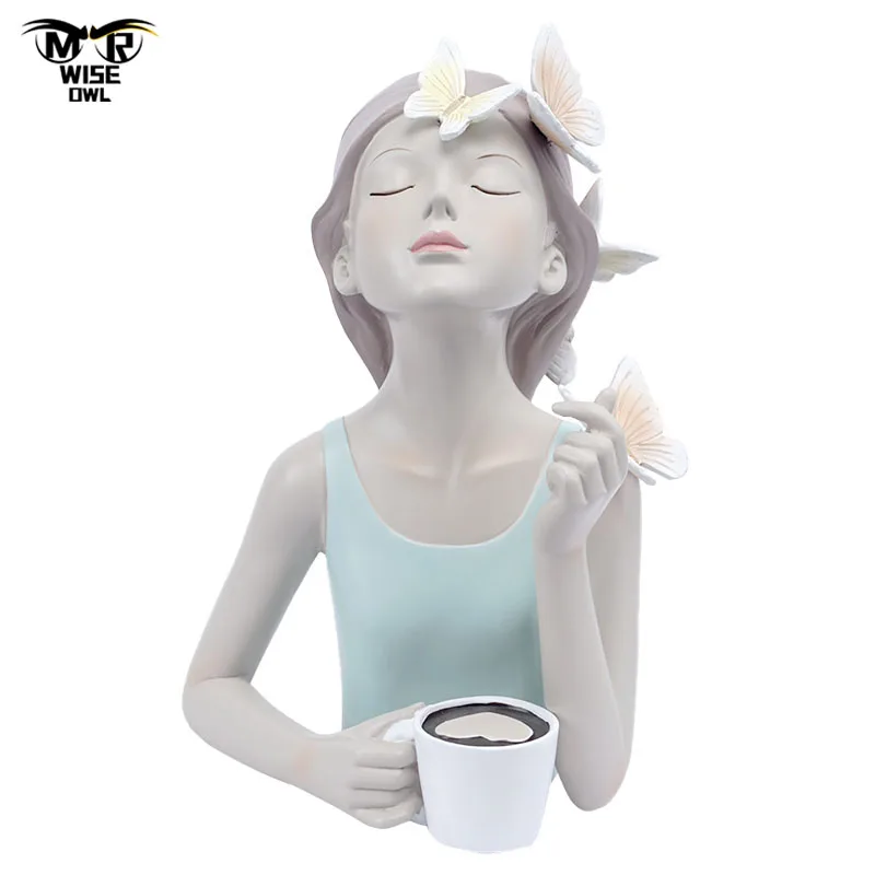 

Resin Coffee Girl Statue Fairy Creative Figurines Living Room Bedroom Desktop Decoration Cafe Office Ornaments Home Accessories