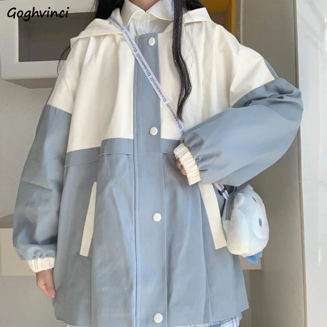 

Panelled Basic Jackets Women Single Breasted Hooded Safari Style Oversize Fresh Sweet Student Harajuku All-match Ulzzang Outwear