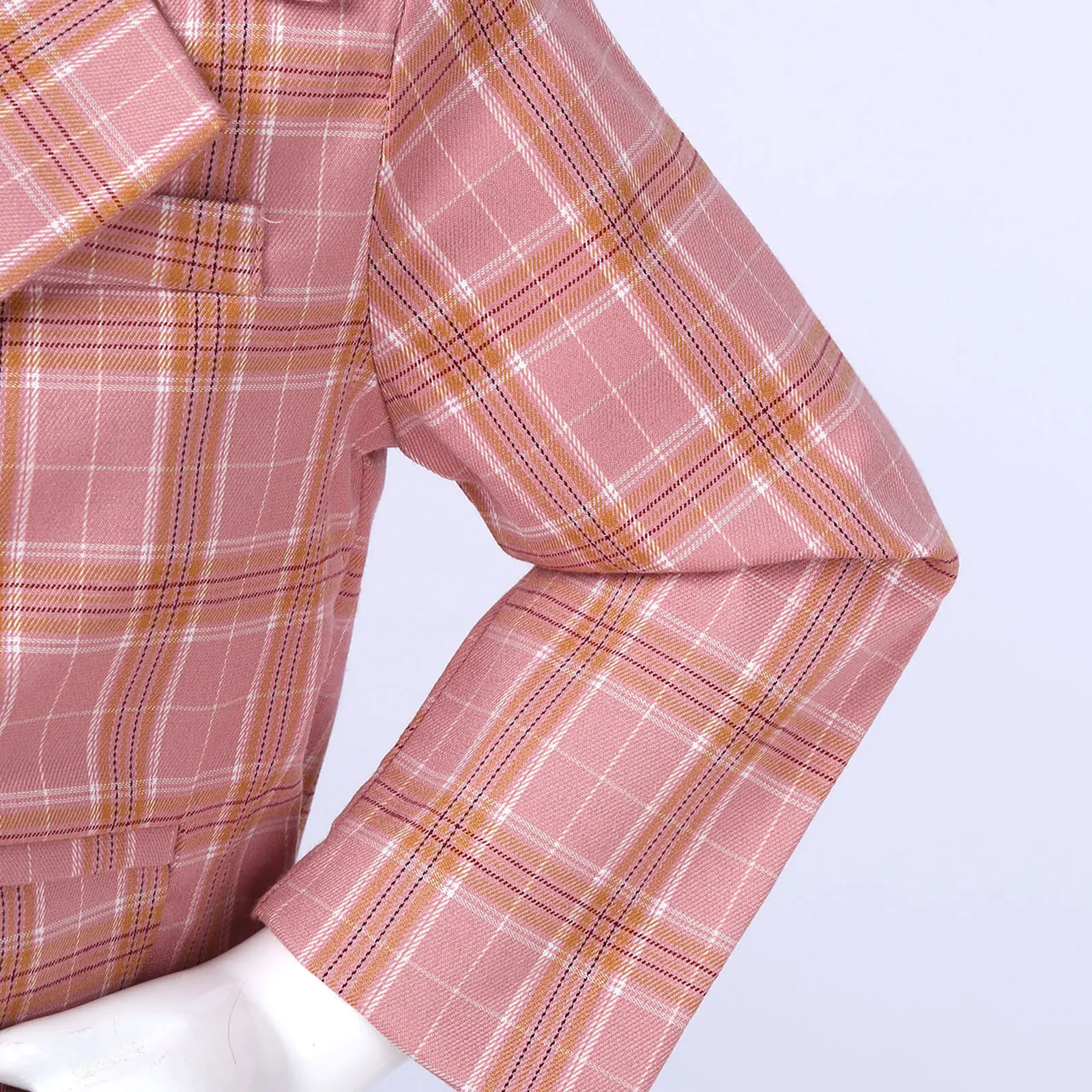 

Kids Girls Pink Plaid 2Pcs Suit Dance Outfit Long Sleeve Double-breasted Suit Student Top Pleated Plaid Skirt School Uniform
