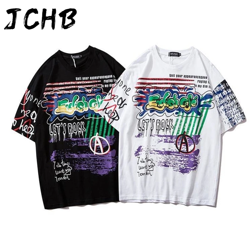 

2021 Harajuku Graffiti Printing t Shirt Men Clothes Short Streetwear Short Sleeve Loose Hip-hop Cotton Tshirt Summer Black T-shi