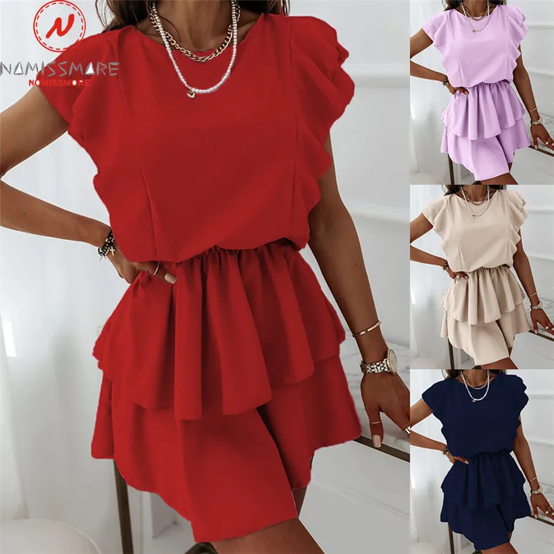 Женское облегающее платье мини однотонное летнее платье-трапеция с оборками