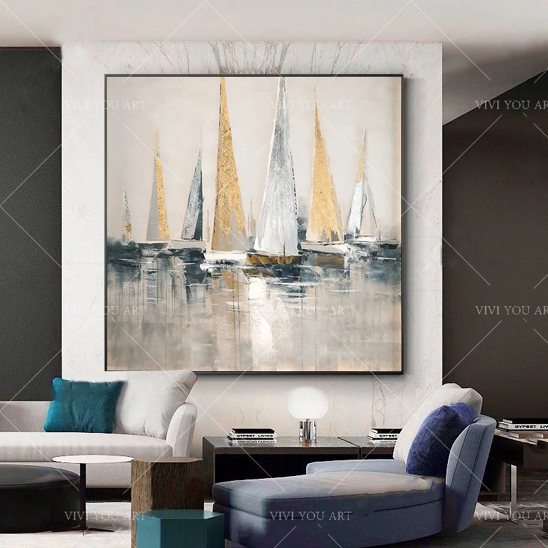 Настенная живопись большого размера 100% абстрактная Золотая фольга парусники