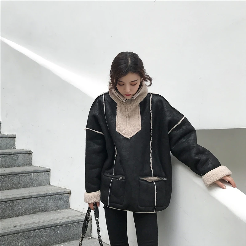 

Loose Retro Women Jackets Casual Black Gothic Cool Zipper Blouse Lapel Deerskin Flocking Lambs Wool Fur Motorcycle Jacket