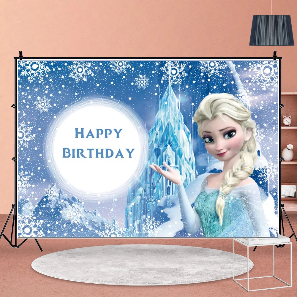 Cartel de Frozen Anna y Elsa para ni&ntilde;os, suministros de fiesta de cumplea&ntilde;os, decoraci&oacute;n de fondo, Decoraci&oacute;n de cumplea&ntilde;os de beb&eacute;, Fondos personalizables de reina de la nieve-3