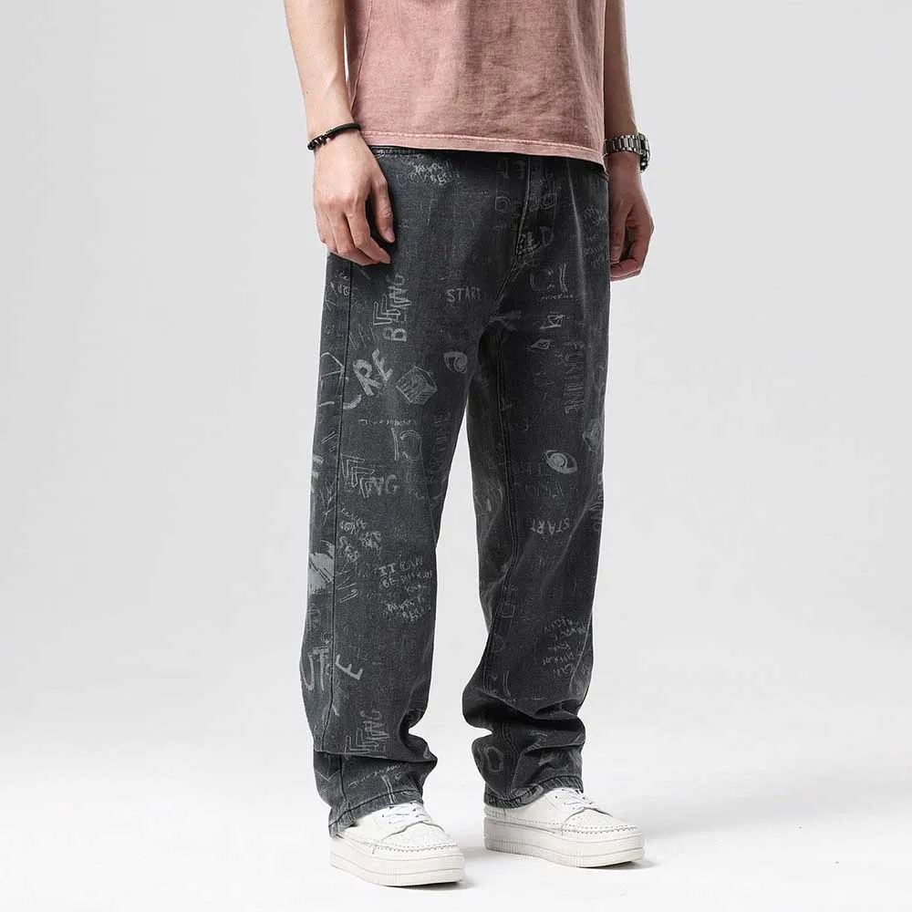 Fashion Printed Cargo Jeans Men's Casual Pants Straight Loose Baggy Skateboard Wide Leg Denim Hiphop Harem Clothing Plus Size
