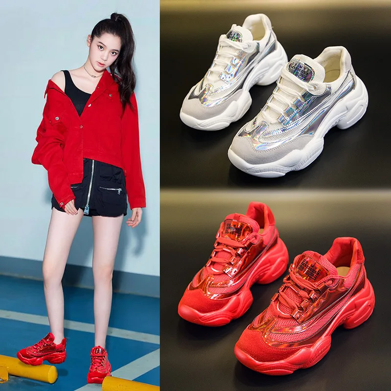 

Koovan Women's Sneakers 2020 Autumn New Matte Real Leather Mesh Sports Girls Shoes Female Chinese Red Fashion Shoes For Women