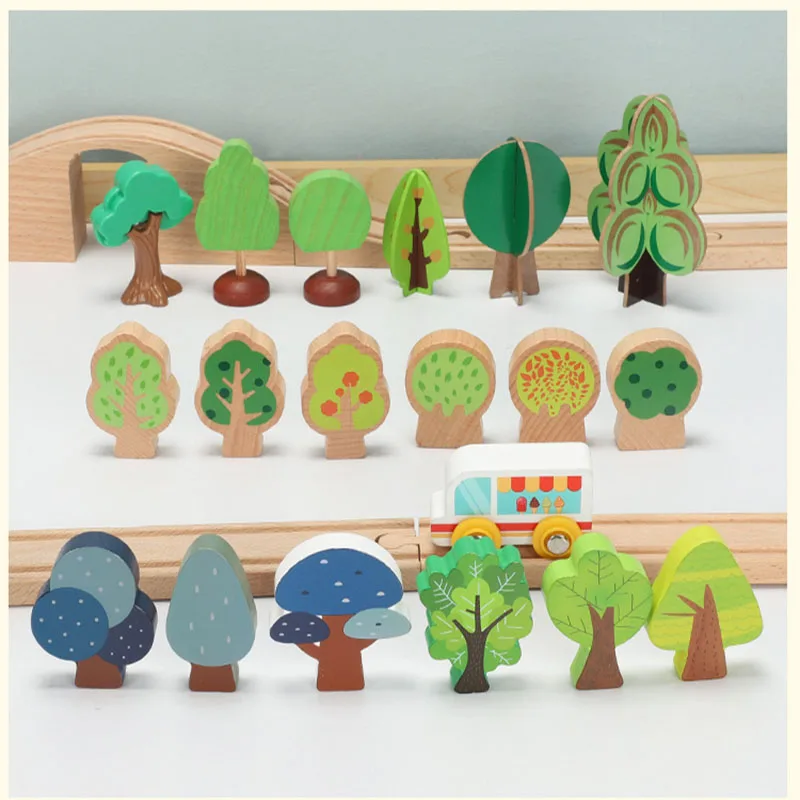 Wooden Railway Train Track Accessories Tree Wooden Track Combination Scene with All Kinds Road Educational Toy Building Blocks