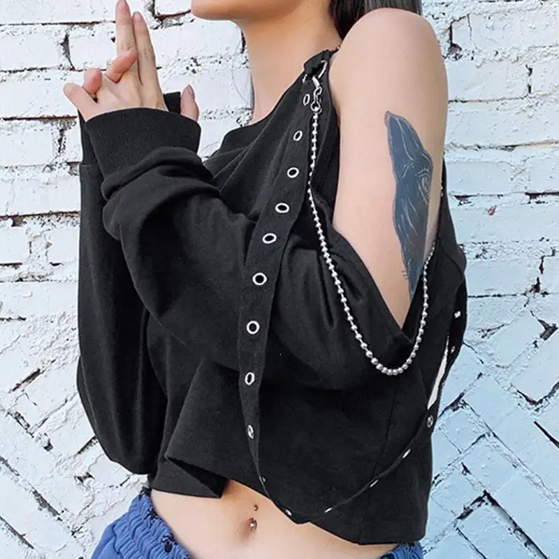 Новые панковские женские хлопковые футболки с длинным рукавом короткие