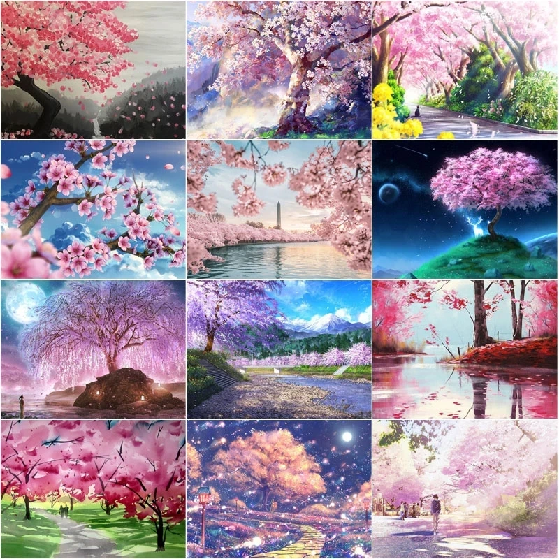 

Cherry Blossom Diamond Painting Landscape Cross Stitch Beautiful Romantic Mosaic Picture Diy Home Decoration Painting