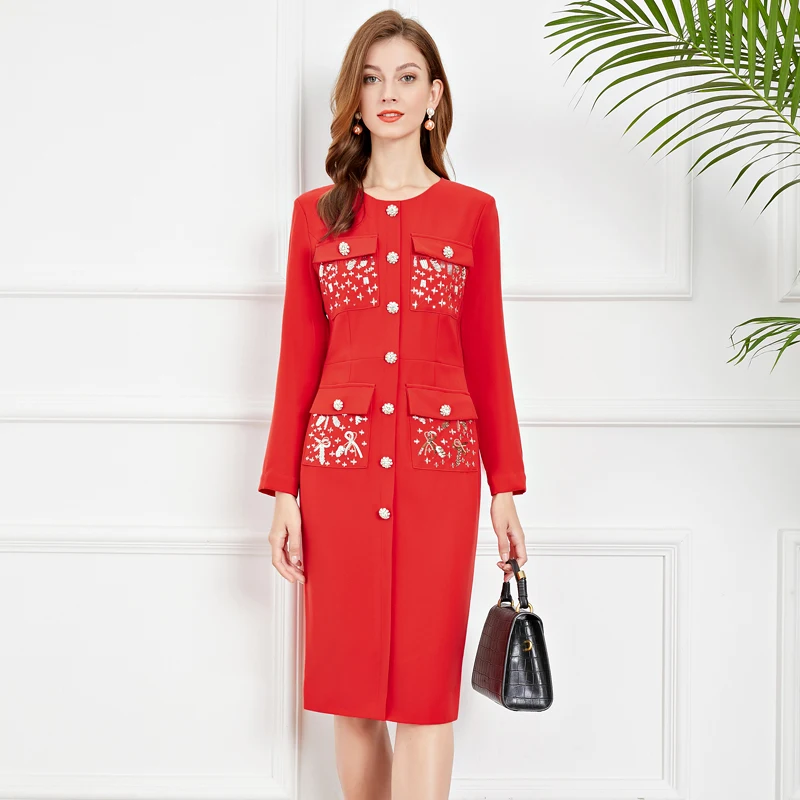 

High Quality Autumn Women's Fashion Party Office Sexy Vintage Elegant Chic Diamonds Black Red Button Pencil Long Sleeve Dress