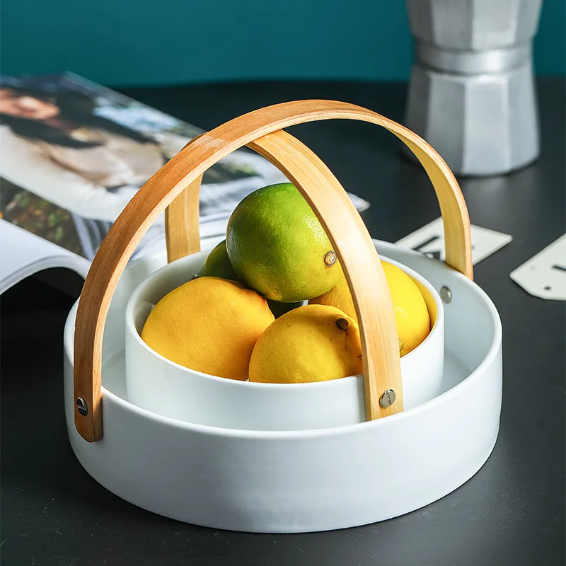 Creative Ceramic Dry Fruit Dessert Snack Tray with Bamboo Handle Home Compartment Bowl Living Room 4 Grid Storage Basket | Дом и сад