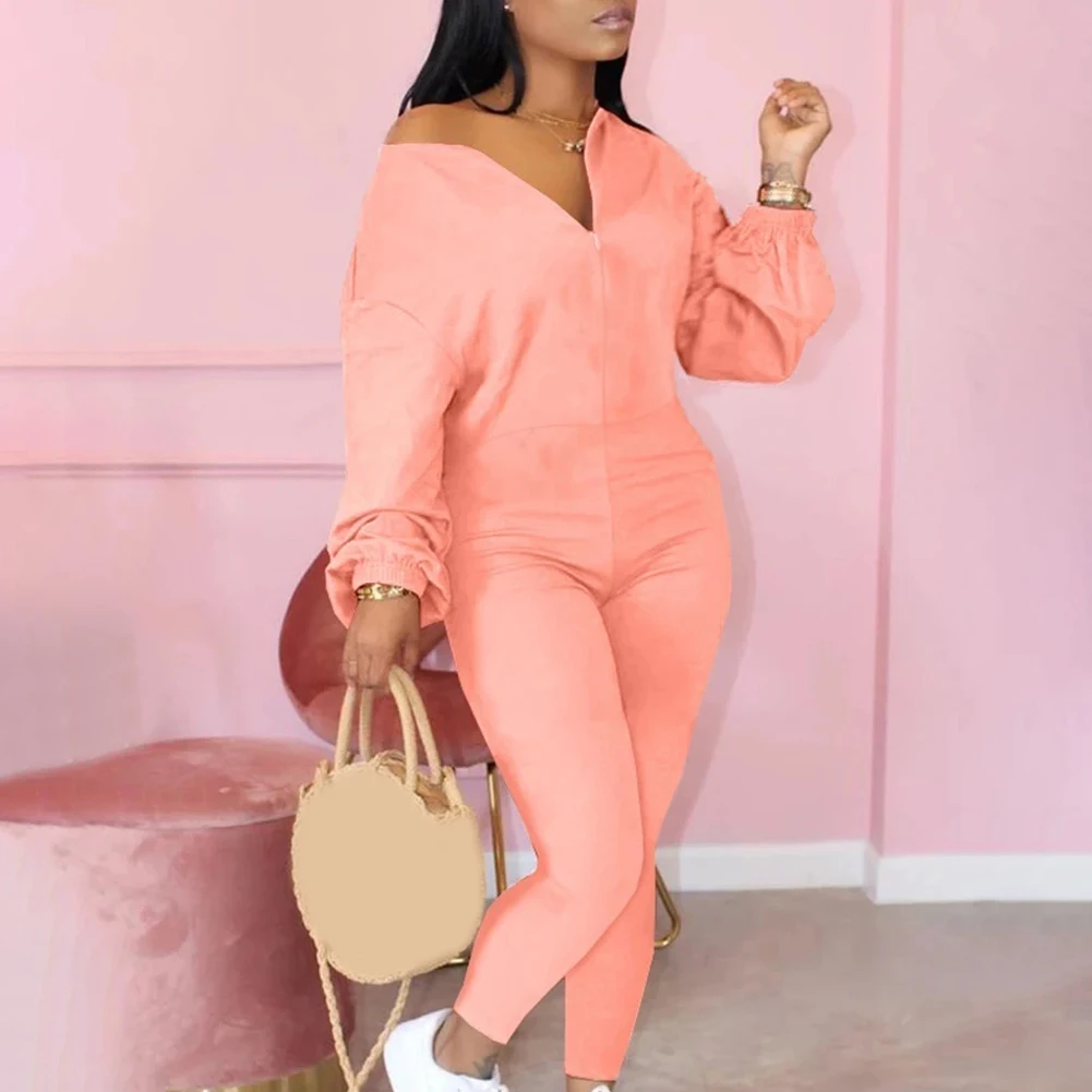 

Hot Solid Zip Up Round Neck Long Sleeve Jumpsuit for Women Oblique Collar Casual Fashion Body Suit MVI-ing