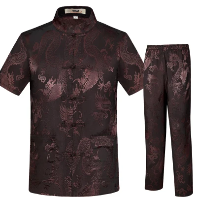 B coffee Плюс размер 4XL Осень Традиционный китайский мужской атласное шелковое Wu Shu одежда рубашка с длинными рукавами и брюки кунг-фу Тай чи костюм - Цвет: B coffee