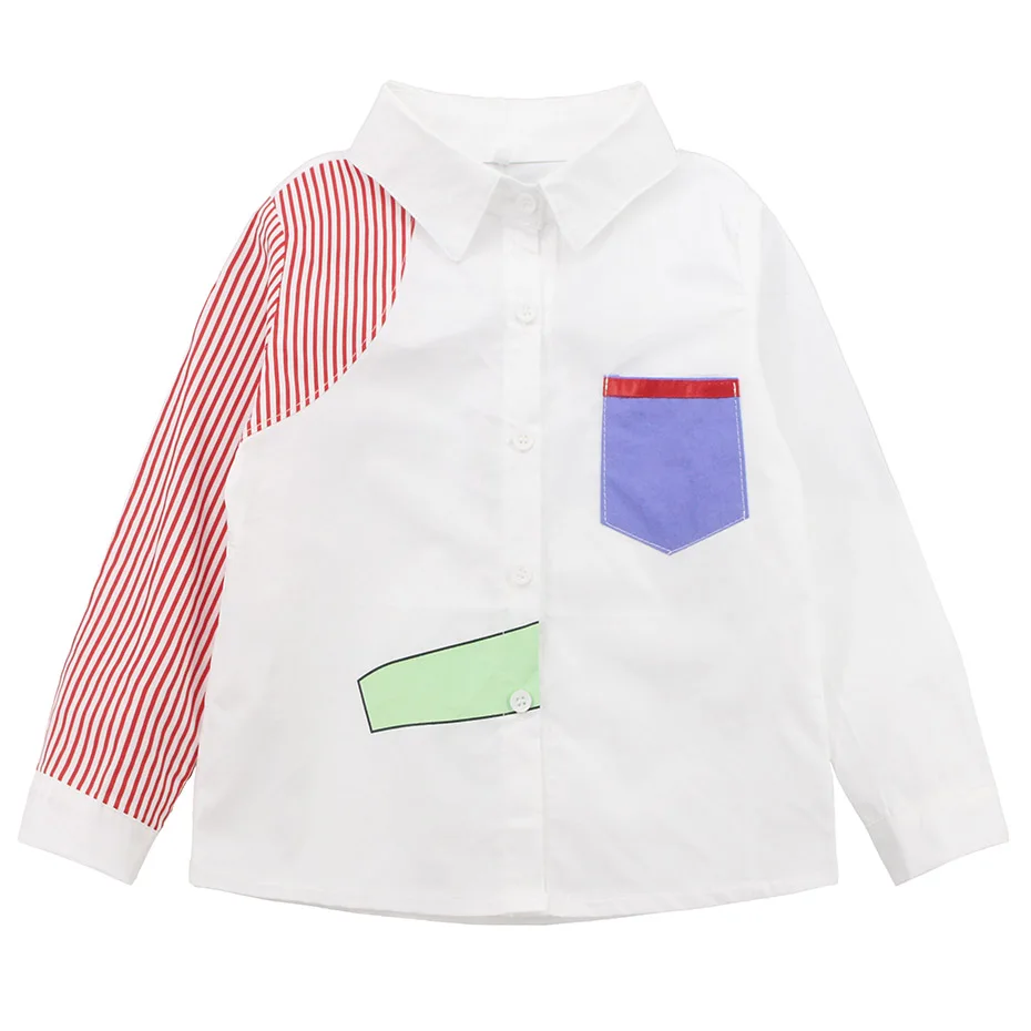 Белая блузка для девочек лоскутные рубашки полосатая детская осенняя школьная