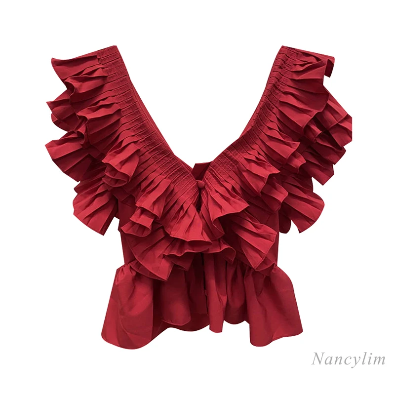 

Sleeveless Shirt for Women 2021 Summer New Waist Slimming V-Neckline Red Pleated Ruffled Blouse Ladies Top Blusa Mujer