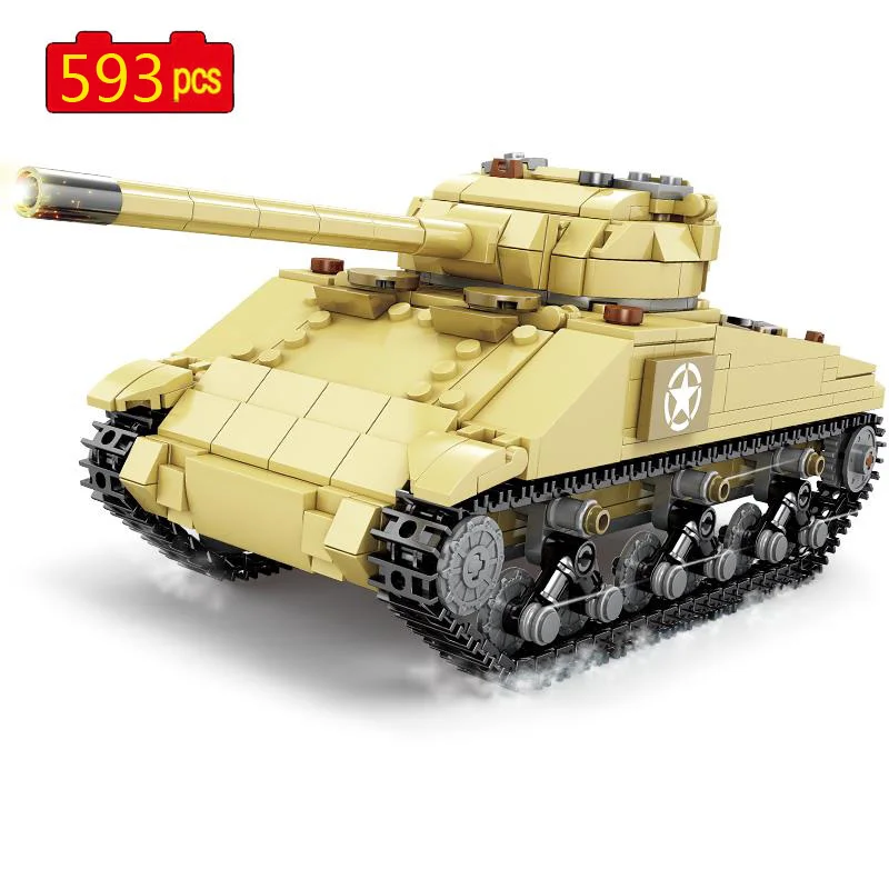 

Military Series WWII Sherman Medium Main Battle Tank Soldier Weapon DIY Model Building Blocks Bricks Toys Gifts