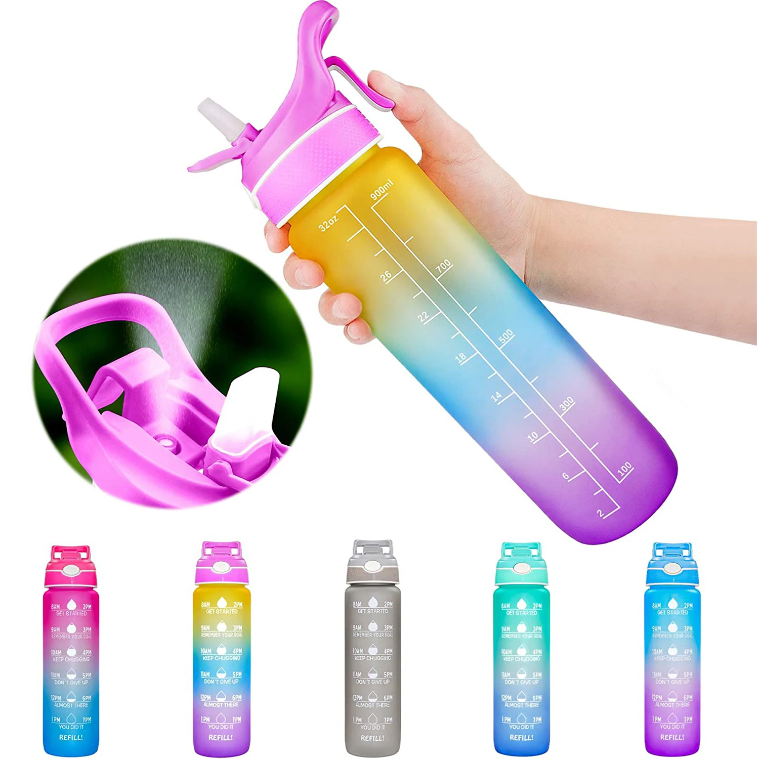 

1L Motivational Water Bottle With Time Stamp And Straw BPA Free Spray Sports Bottle Leak-Proof Fitness GYM Outdoor Sports Jug