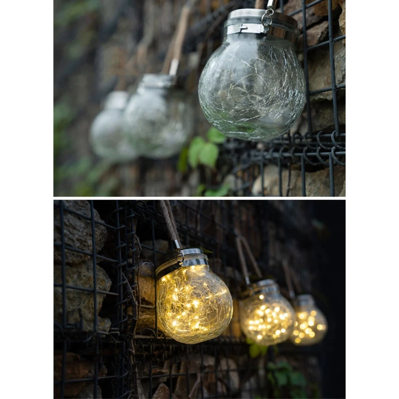 

1Pc Solar Light Bulb Thick Crack Glass Mason Jar LED Solar Lanterns Outdoor Hanging Waterproof Decor Lamp for Garden Patio