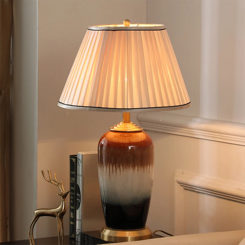 

Modern Simple Decor Ceramic Vase Table Lamp Creative White Cloth LED E27 Lighting Bedroom Study Living Room Copper Desk Fixture