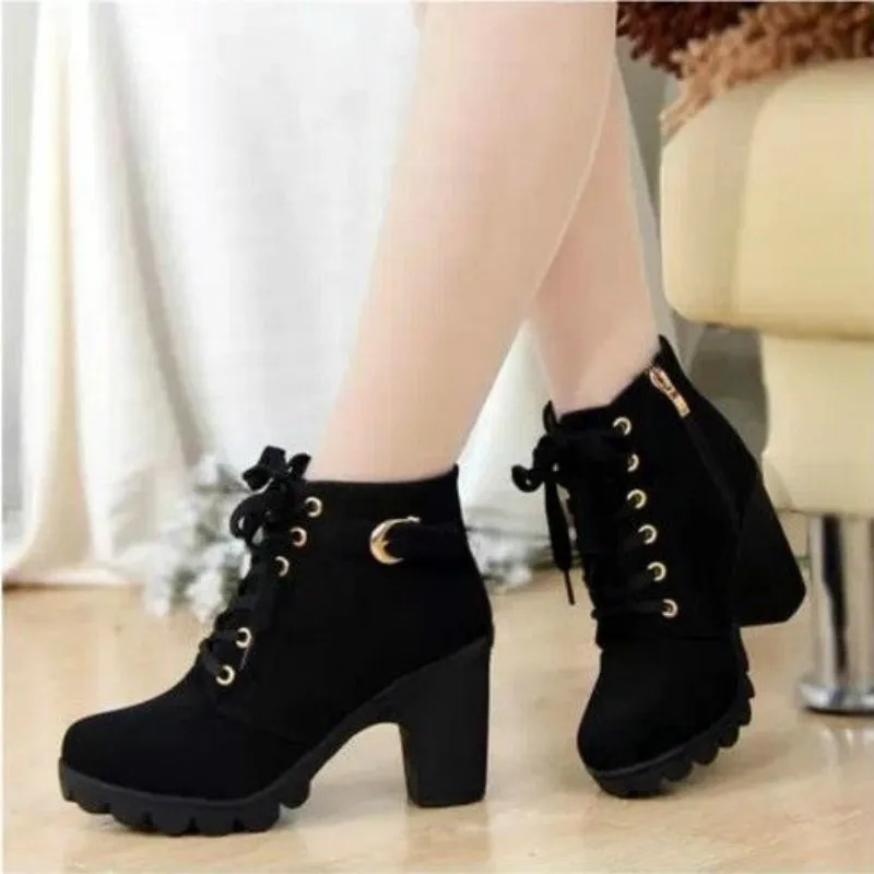 

2020 New Women's Boots Korean Style High Heels Martin Boots Thick Heel Lace Thick Bottom Side Zipper Short Boots Women