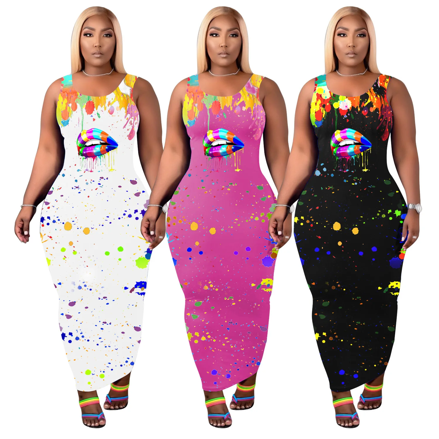 

New Three Color Print with Splash Ink Elements and Lips Dress 2021 Casual Vintage Sleeveless Long Summer Woman Beach Maxi