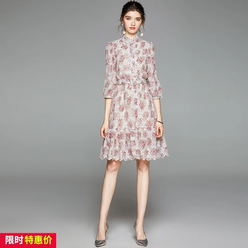 

2021 new heavy industry hollow embroidery stand collar floral French elegant dress