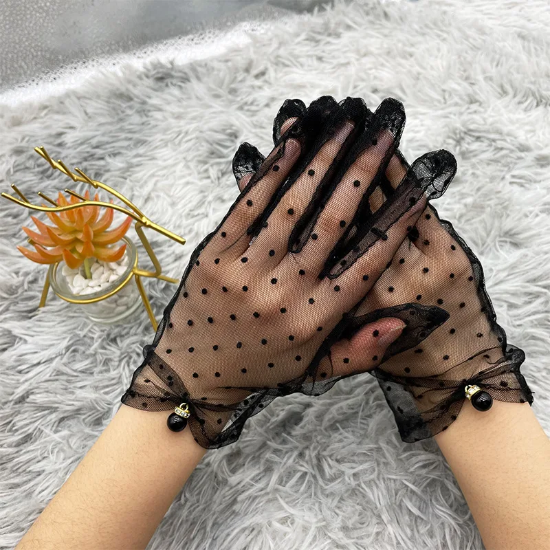 

Black White Mesh Tulle Gloves Sunscreen Mesh Lace Thin Spotted Gloves Sexy Transparentes Organza Dot Printed
