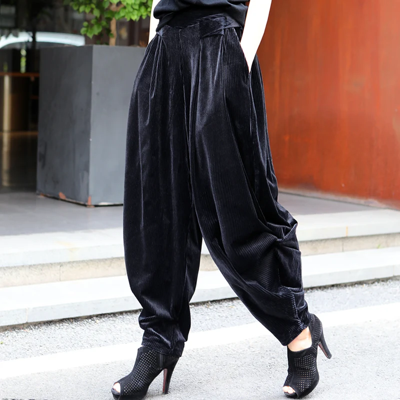 XITAO Black Pleated Pants Fashion New Elastic Waist Pocket Loose Harem Pants Small Fresh Casual Style 2020 Winter DZL2305