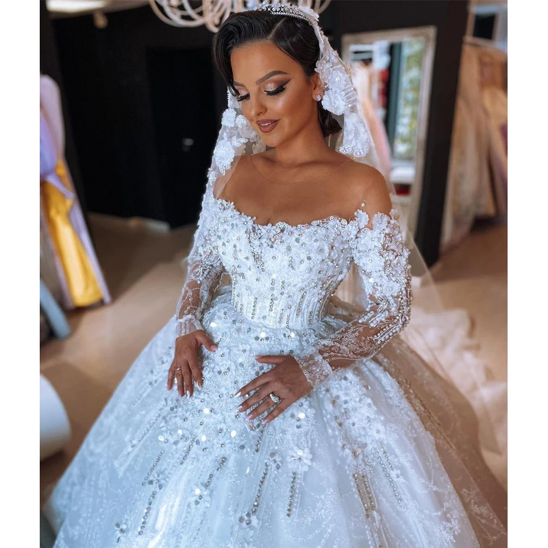 

Vintage Princess Luxury Ball Gown Sheer Neck Wedding Dresses 3D Flower Crystal Long Sleeves wedding Bridal Gown Vestido De Noiva